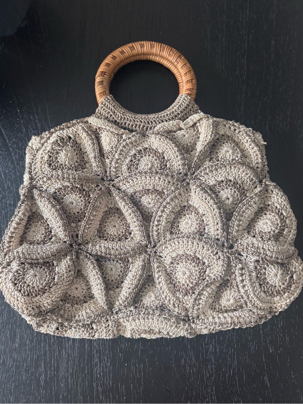 Italian Hand-Crocheted Women’s Tote Bag with Rattan Handles - Taupe